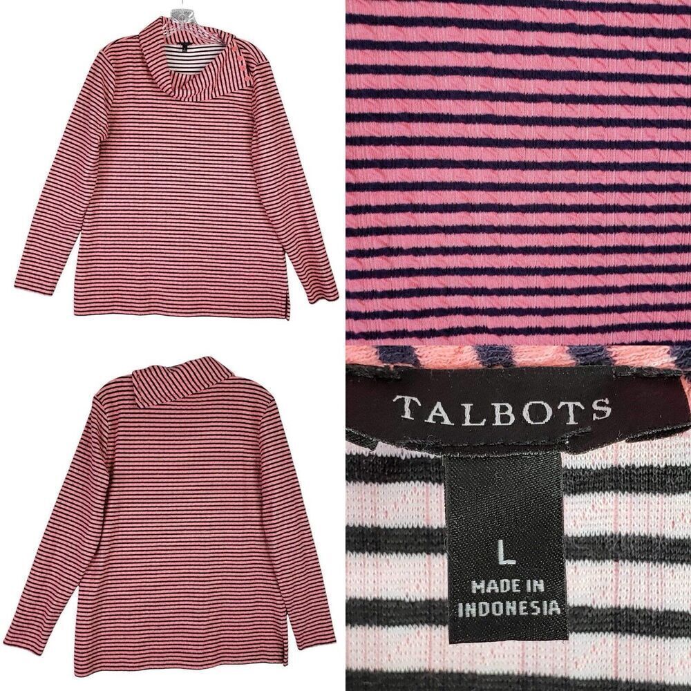 Talbots Shirt Womens Size Large L Pink Blue Navy Striped Long Sleeve